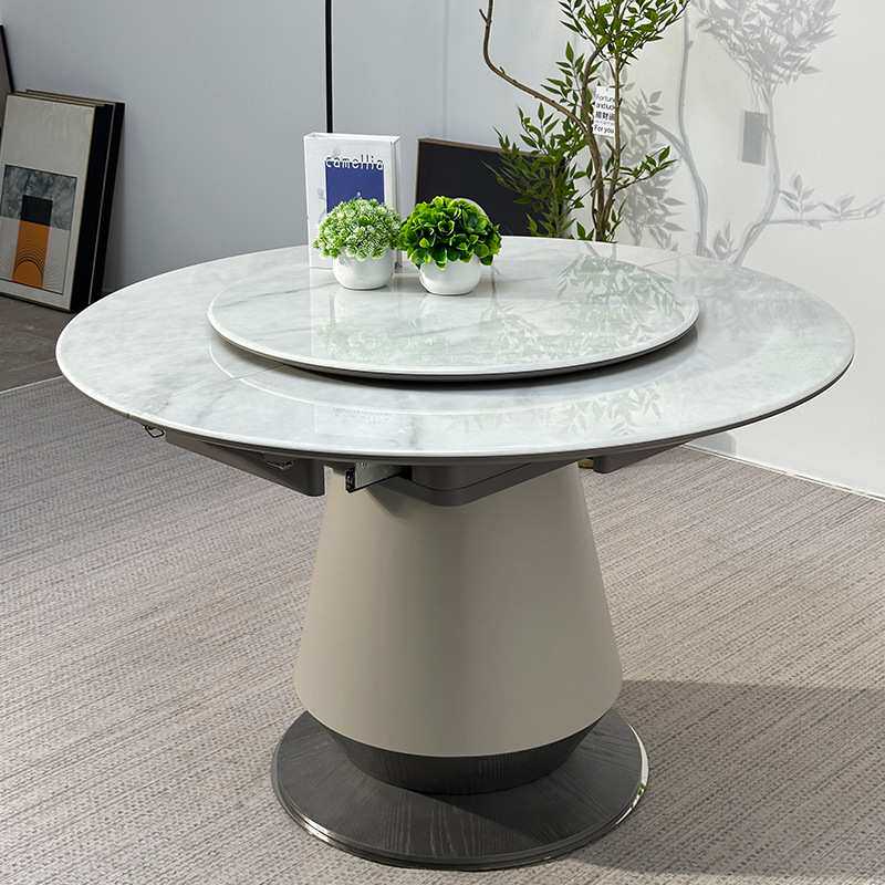 意式极简微晶石伸缩圆形餐桌大平层椭圆旋转餐台轻奢54款家用桌子