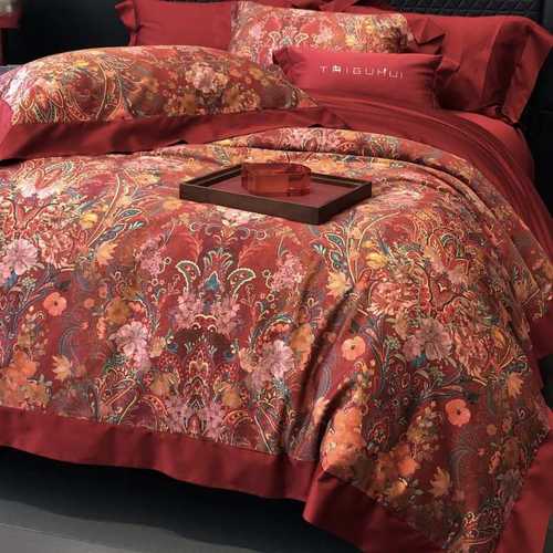 美式复古婚庆长绒棉四件套数码印花红色全棉喜庆婚嫁1.8m床上用品