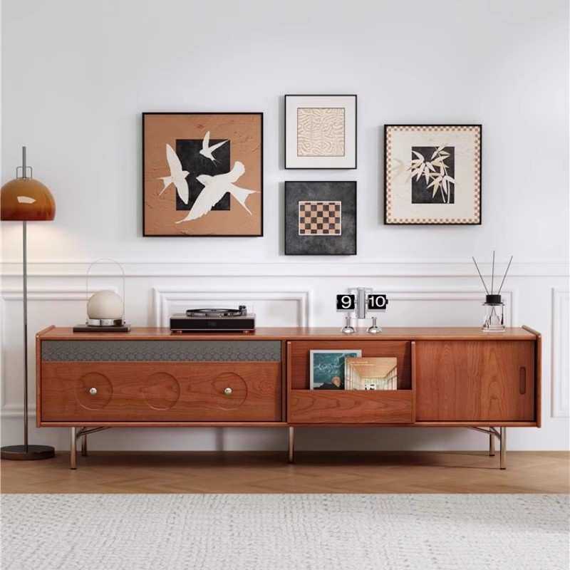 中古风樱桃木全实木电视柜茶几边柜客厅组合家具法式复古不锈钢柜