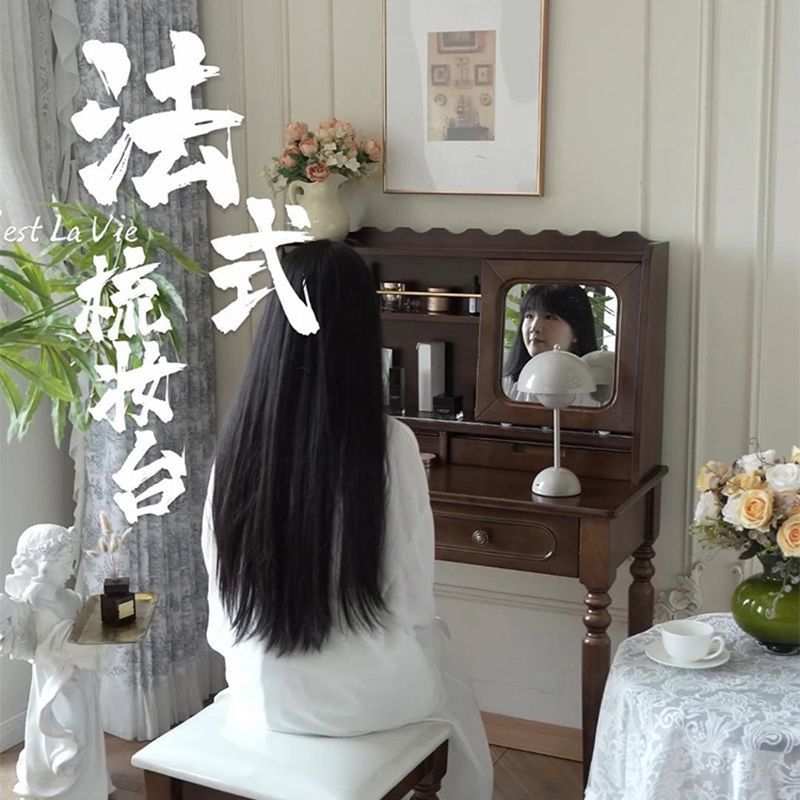 法式实木梳妆台带妆镜复古美式化妆桌书桌一体中古风小户型收纳柜