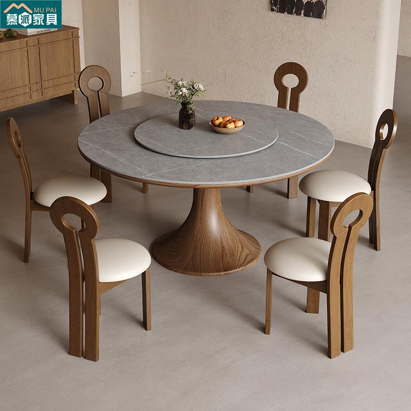 中古风小蛮腰全实木圆餐桌椅组合带转盘家用胡桃色复古小户型饭桌