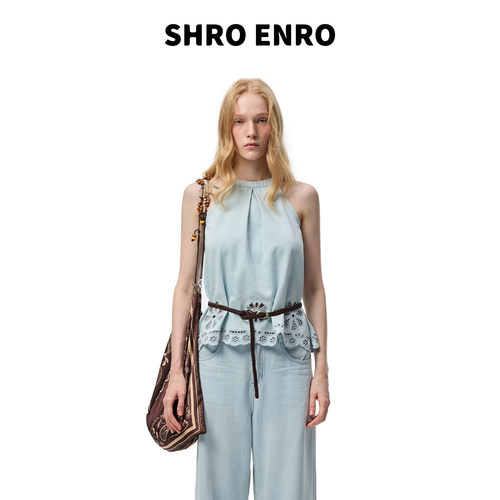 SHROENRO镂空刺绣牛仔挂脖背心
