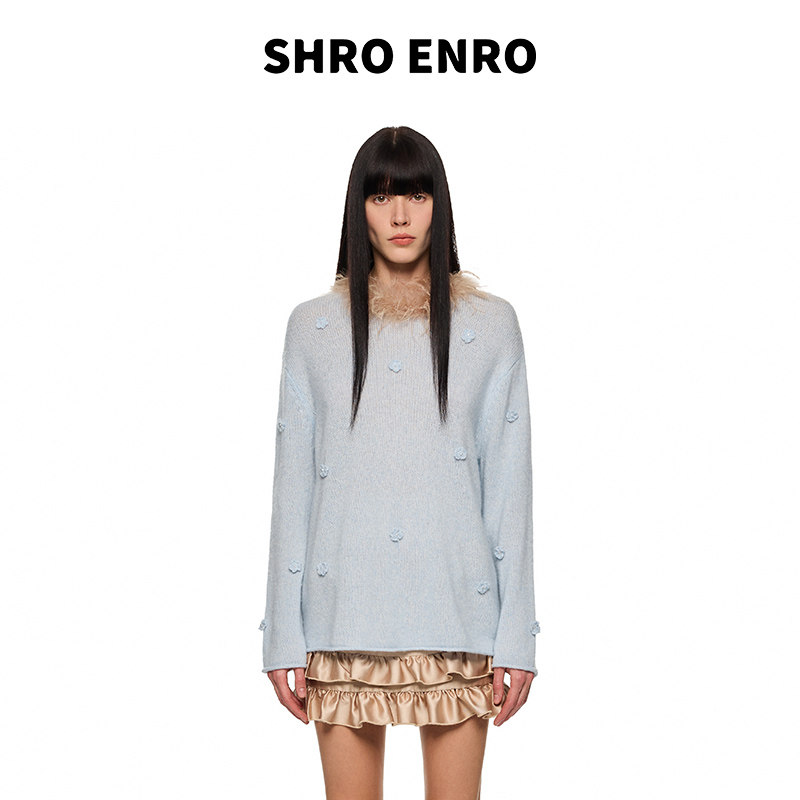 SHROENRO可拆卸毛领花朵套头毛衫