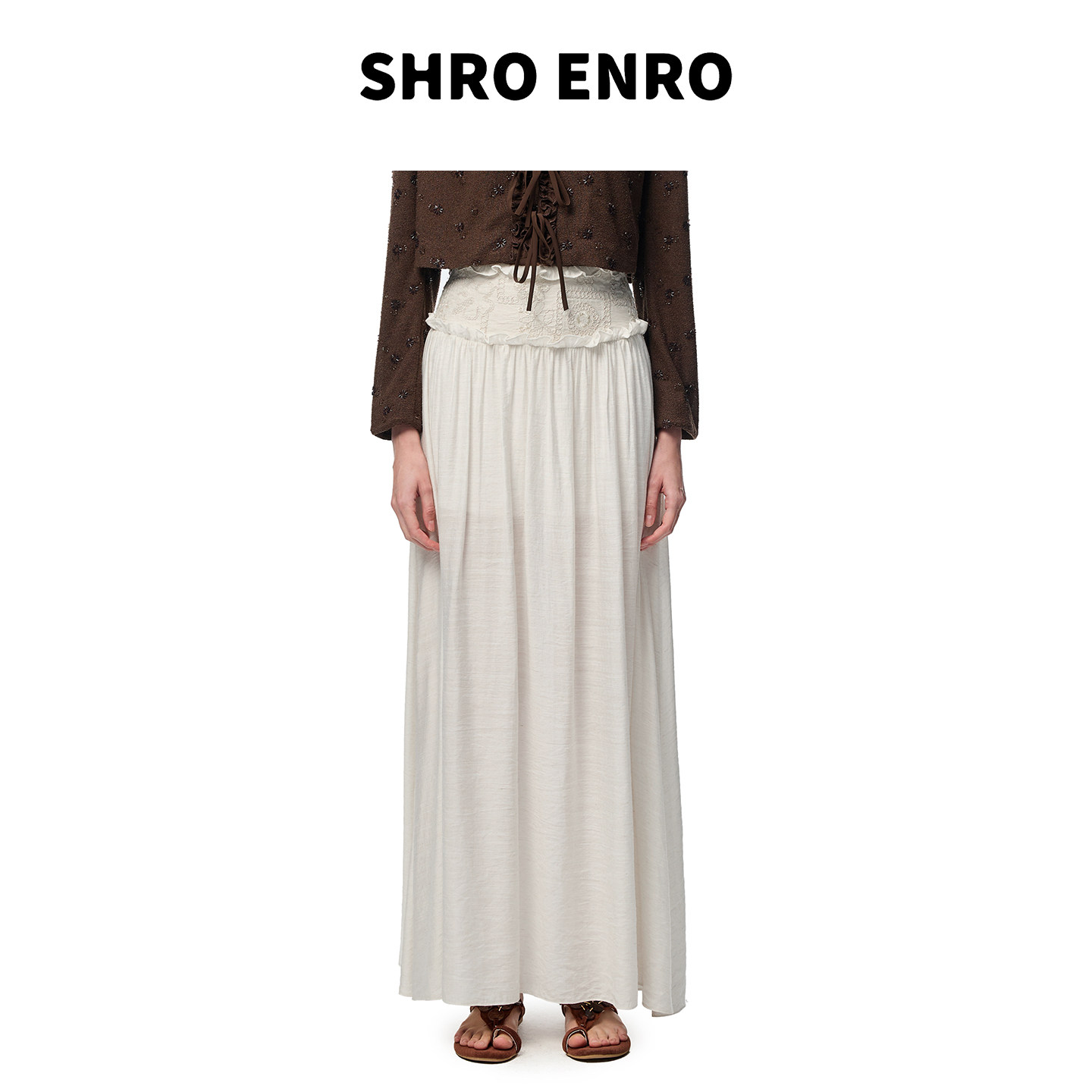 SHRO ENRO2026夏季新款重工绣花木耳边A字垂坠设计感度假风长半裙
