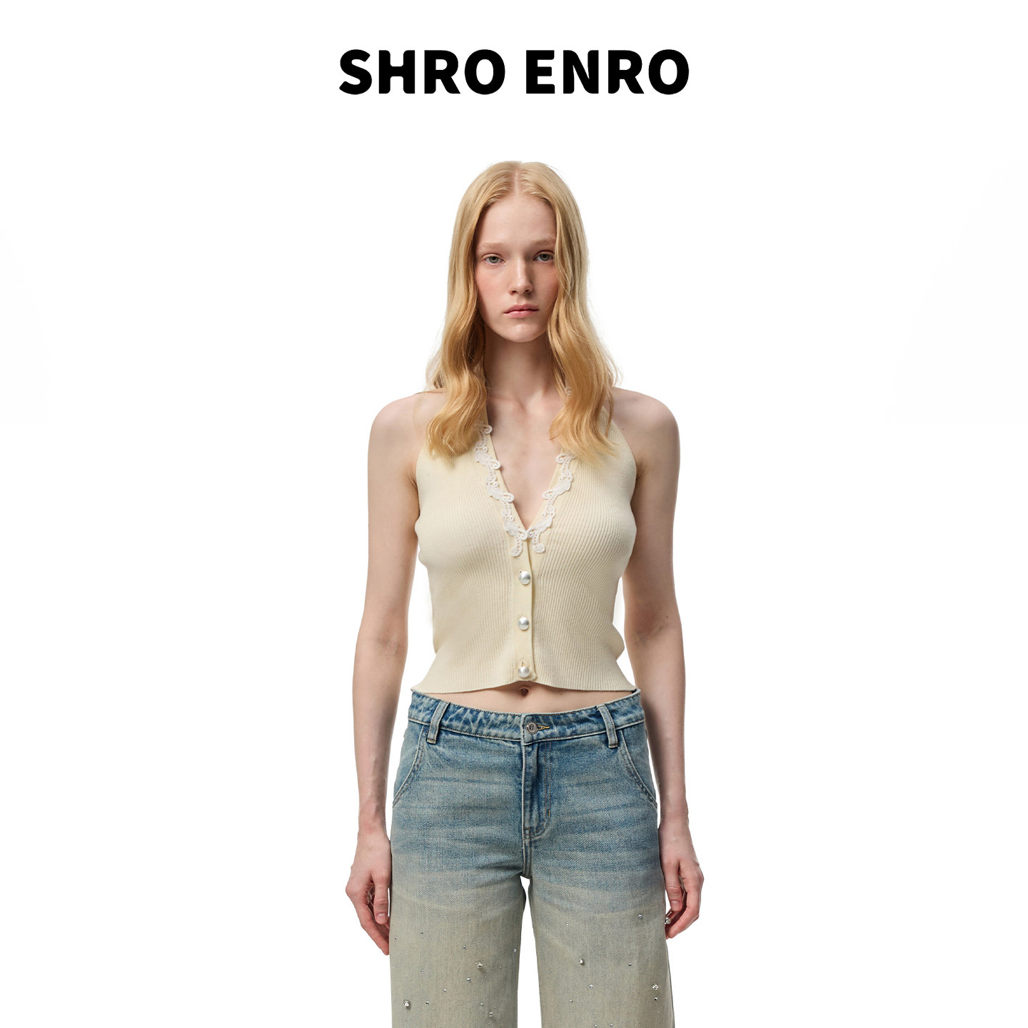 SHRO ENRO26夏季新款钉珠蕾丝挂脖针织背心V领珍珠扣内搭无袖上衣