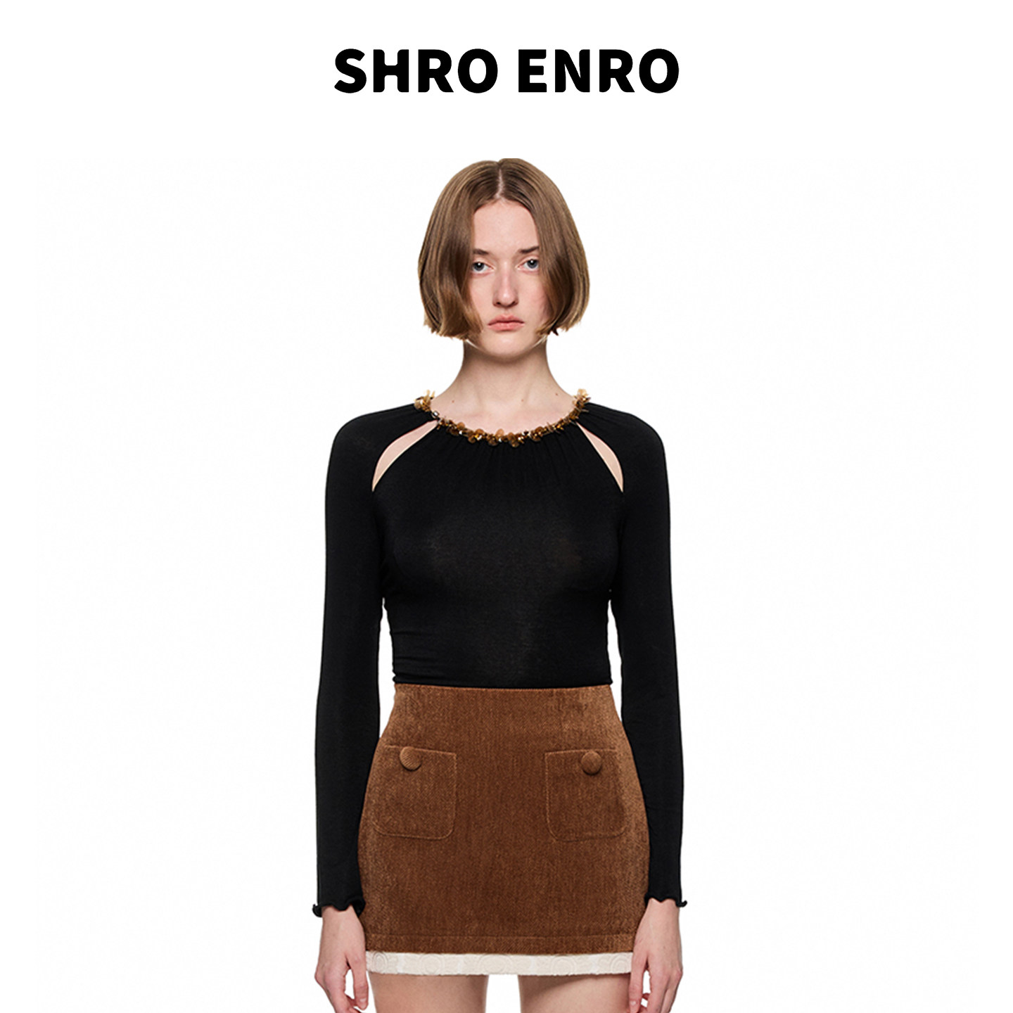 SHROENRO亮片织带镂空针织衫