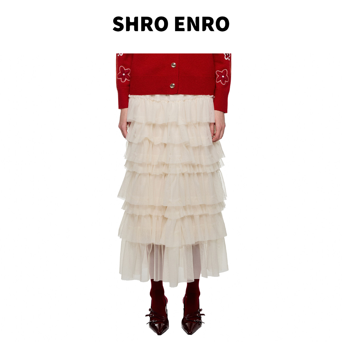 SHROENRO抽褶雪纺蛋糕长半身裙