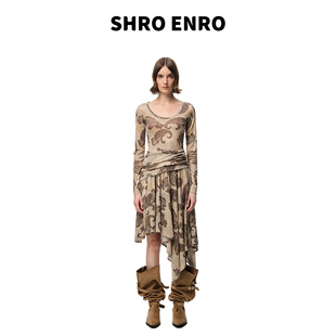 休闲度假风复古腰果花不规则百褶连衣裙女 新款 SHRO ENRO2025秋季