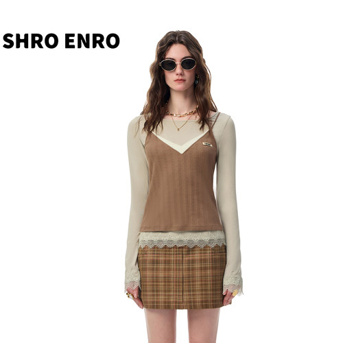 SHROENRO新款撞色蕾丝边针织衫