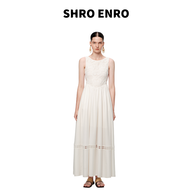 SHROENRO新款蕾丝U领无袖连衣裙