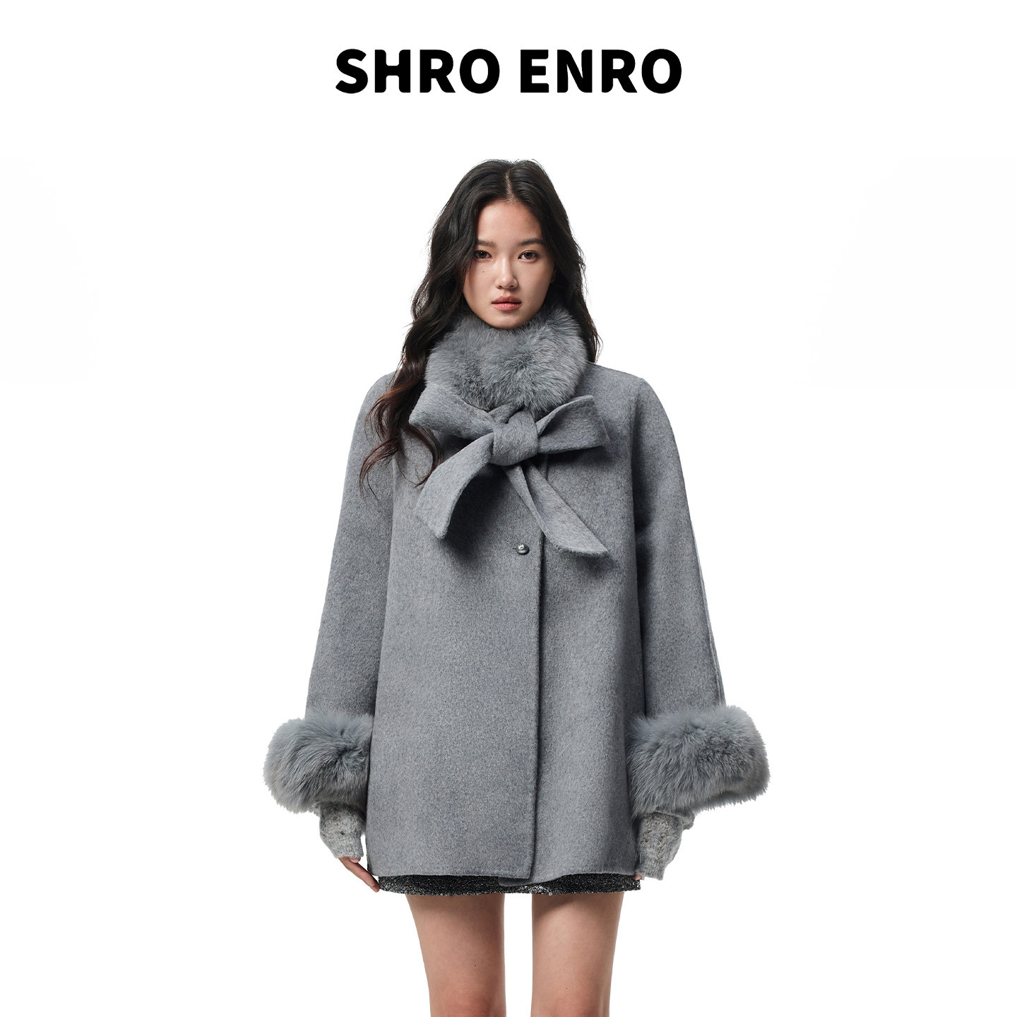 SHROENRO狐狸毛毛羊毛大衣外套