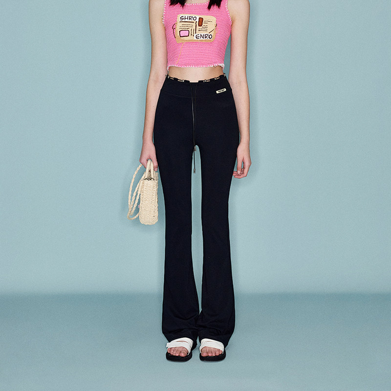 SHRO ENRO新款高腰弹力修身微喇裤黑色亮银饰珠休闲瑜伽裤女