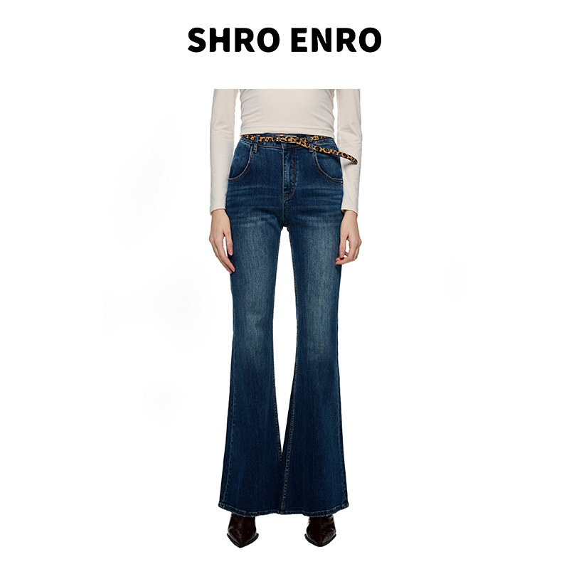 SHROENRO豹纹腰带牛仔喇叭长裤