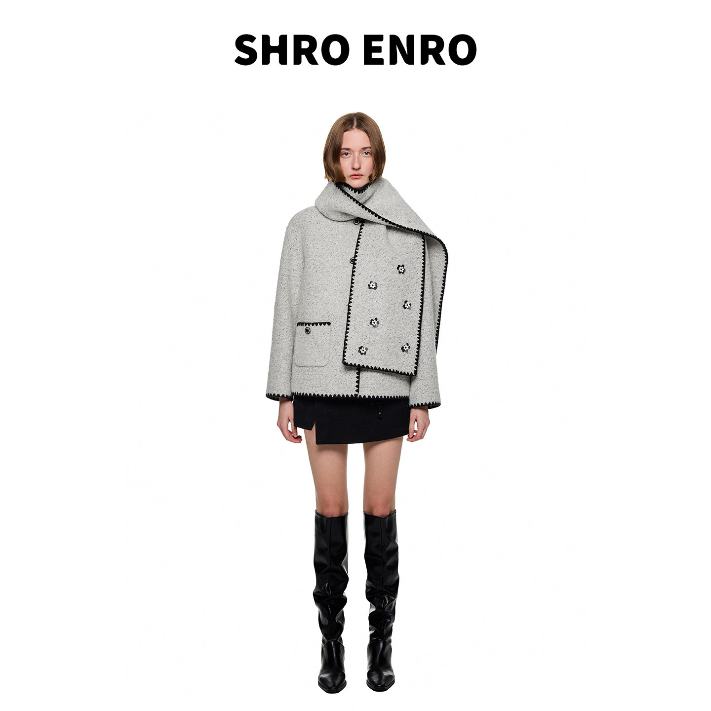 SHROENRO手工钉花V领围巾外套