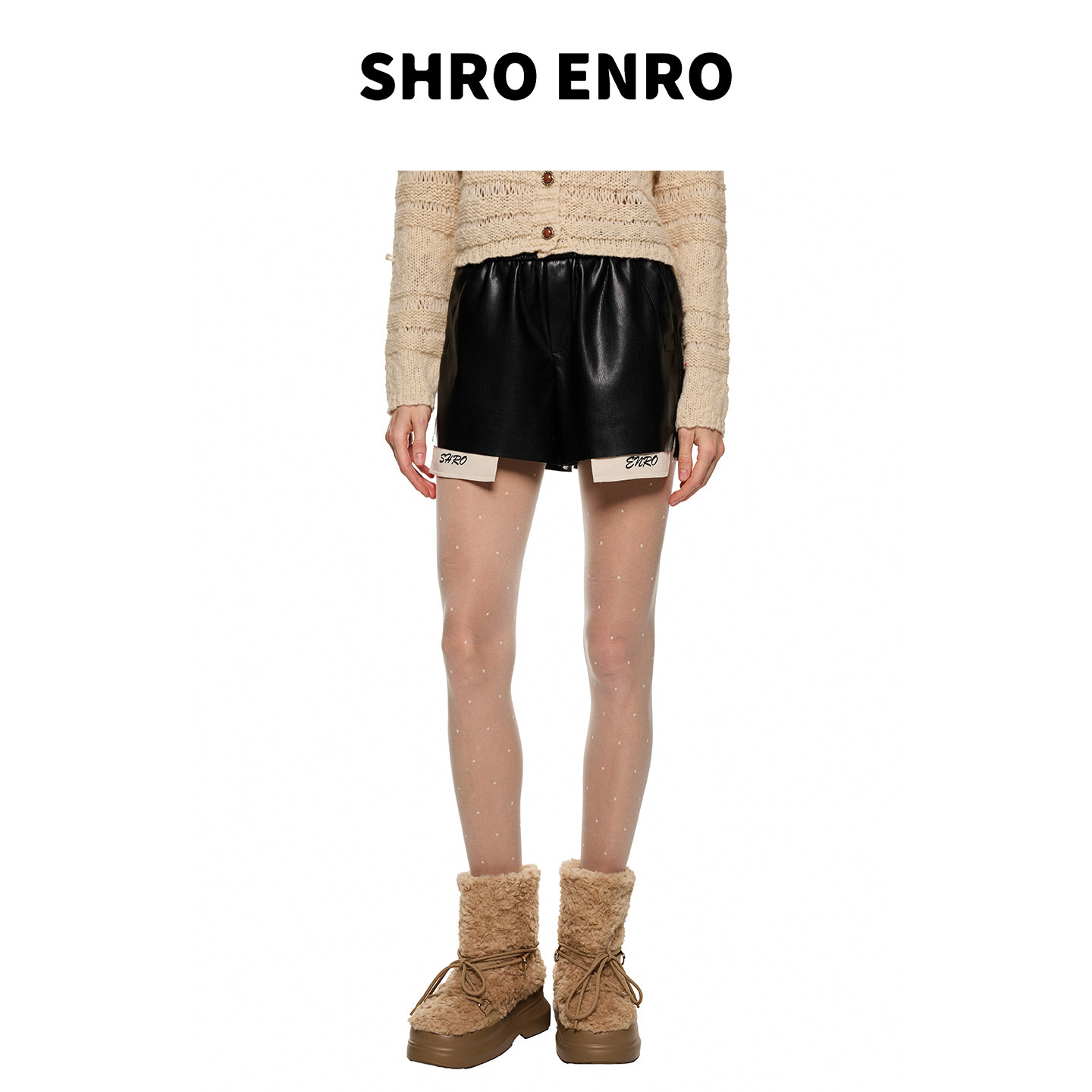 SHRO ENRO2025秋季新款假两件蛋白皮休闲百搭短裤黑色微弹裙裤女,女装/女士精品,皮裤,淘宝优惠券,粉丝福利购,淘宝优惠卷