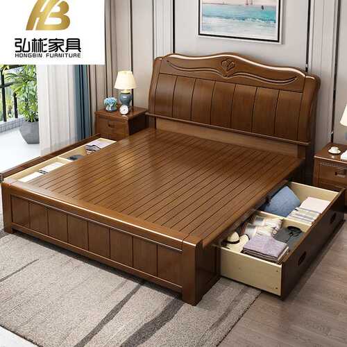实木现代中式1.8米简约双人高箱储物床1.5米单人经济型家用卧室床