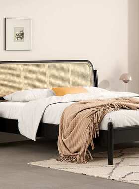 藤编实木床现代简约主卧1.8m双人床黑色北欧日式复古侘寂风民W18
