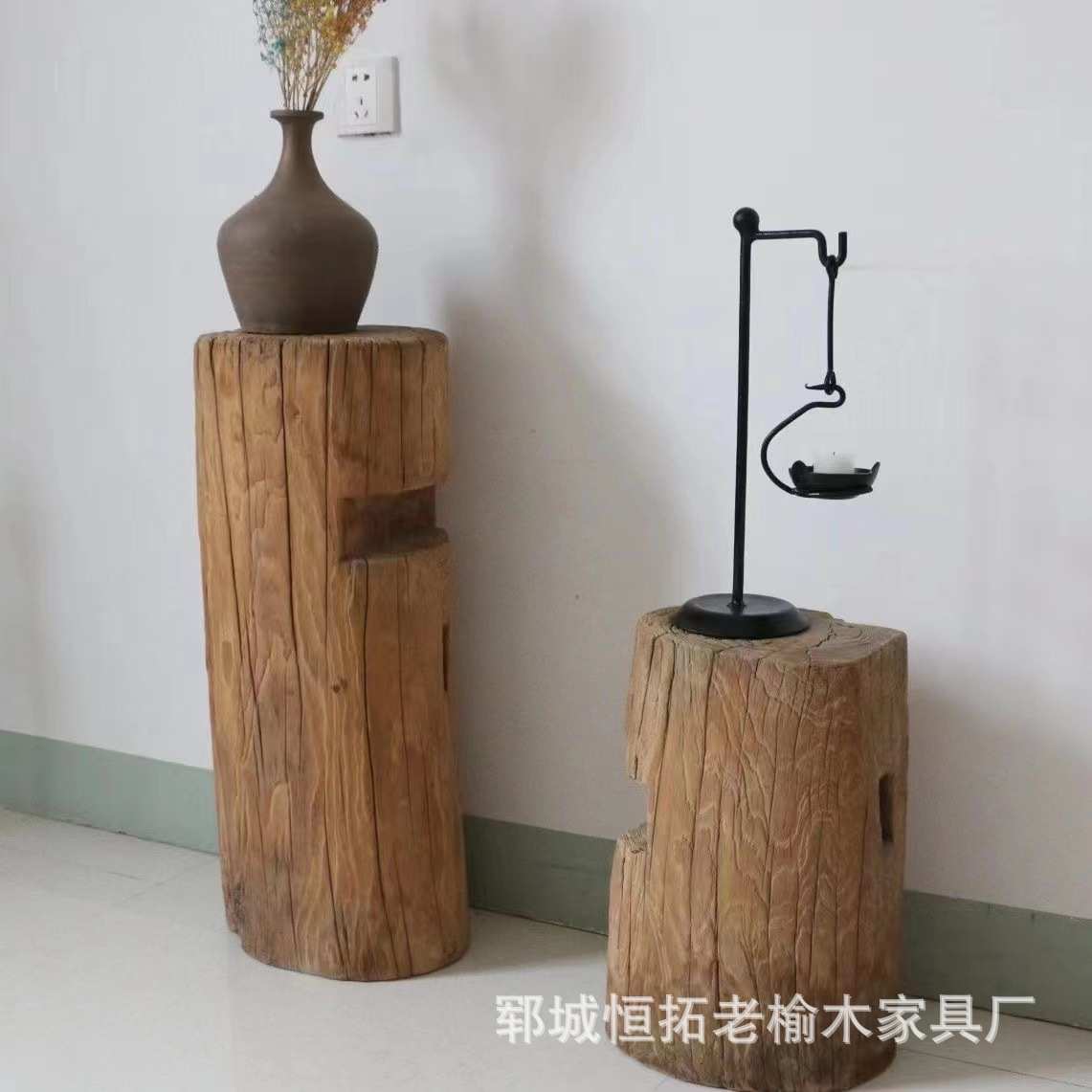 老榆木茶几复古圆形边几家用沙发角几装饰花架榆木墩客厅摆件圆桌