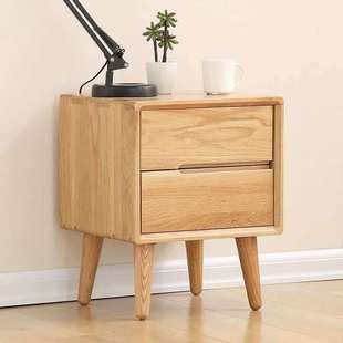 实木床头柜诗云床头柜实木卧室床边柜现货实用白橡木双抽床边柜