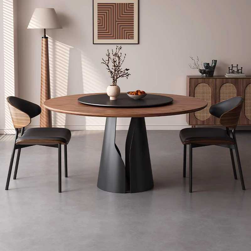 意式轻奢白蜡木圆餐桌带转盘北欧简约小户型实木餐桌椅组合圆台