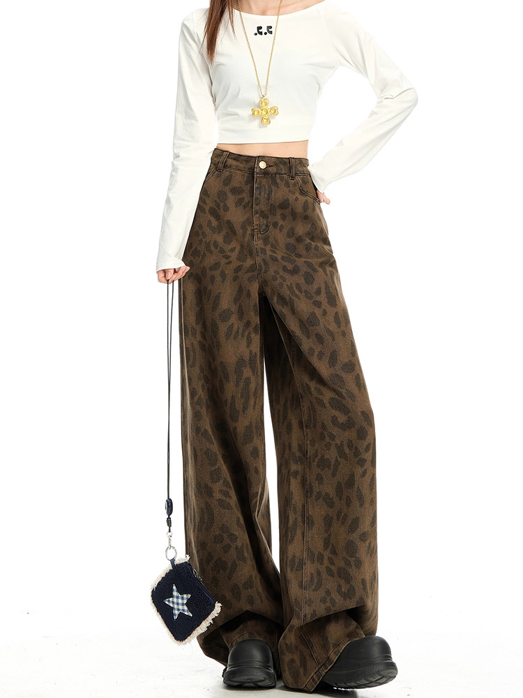 American Retro Leopard Print Jeans for Women, Autumn High-Waisted, Slimming, Loose Straight-Leg, Wide-Leg, Non-Tight, Floor-Length Pants