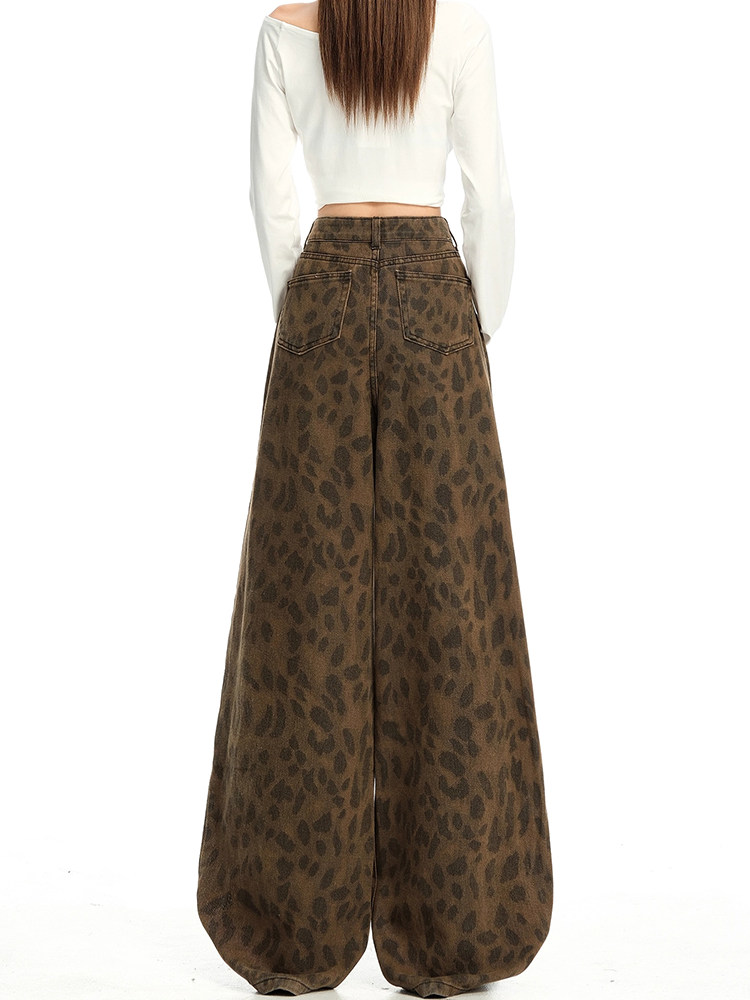 American Retro Leopard Print Jeans for Women, Autumn High-Waisted, Slimming, Loose Straight-Leg, Wide-Leg, Non-Tight, Floor-Length Pants