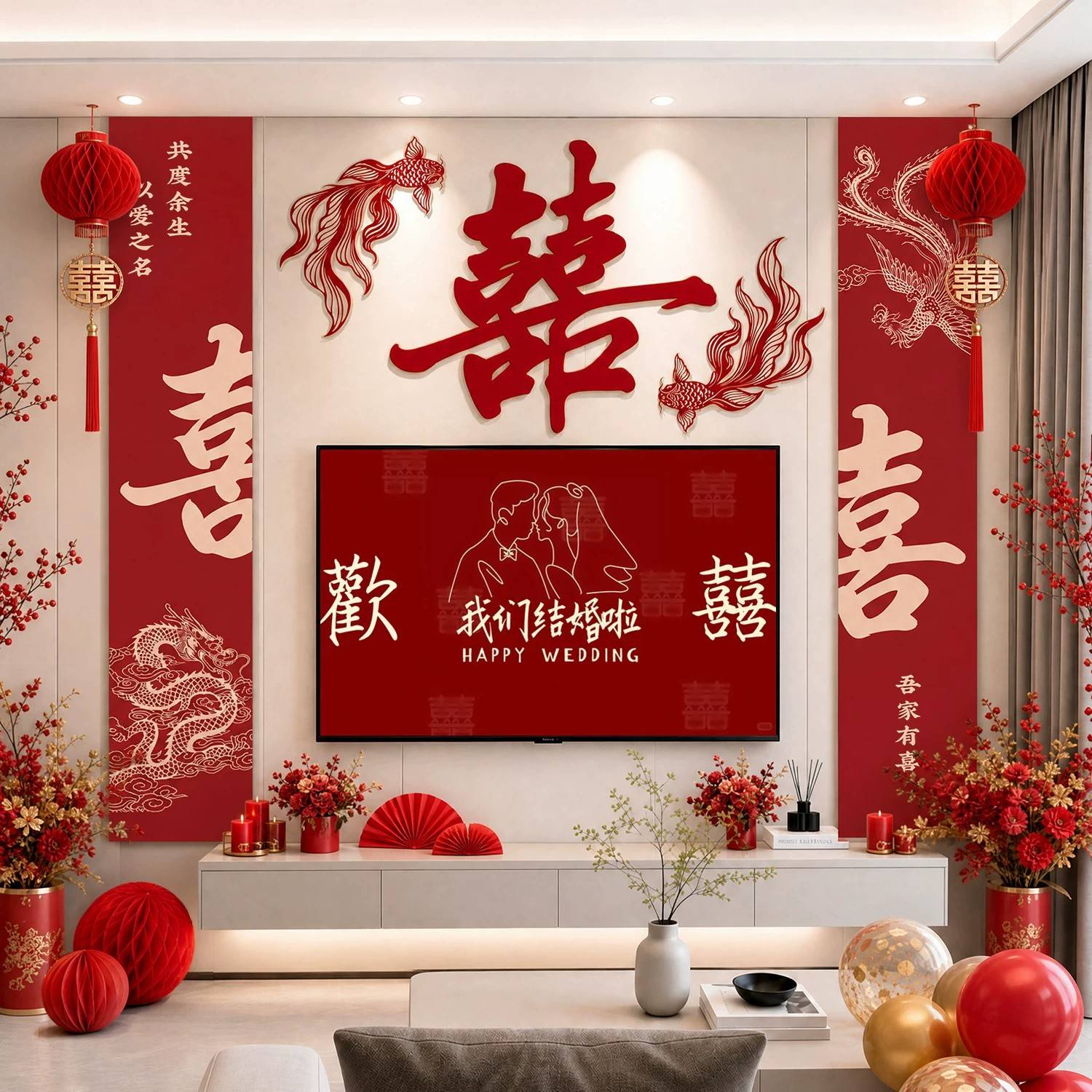 结婚电视背景墙装饰婚房布置喜字拉花男方女方卧室婚庆用品大全