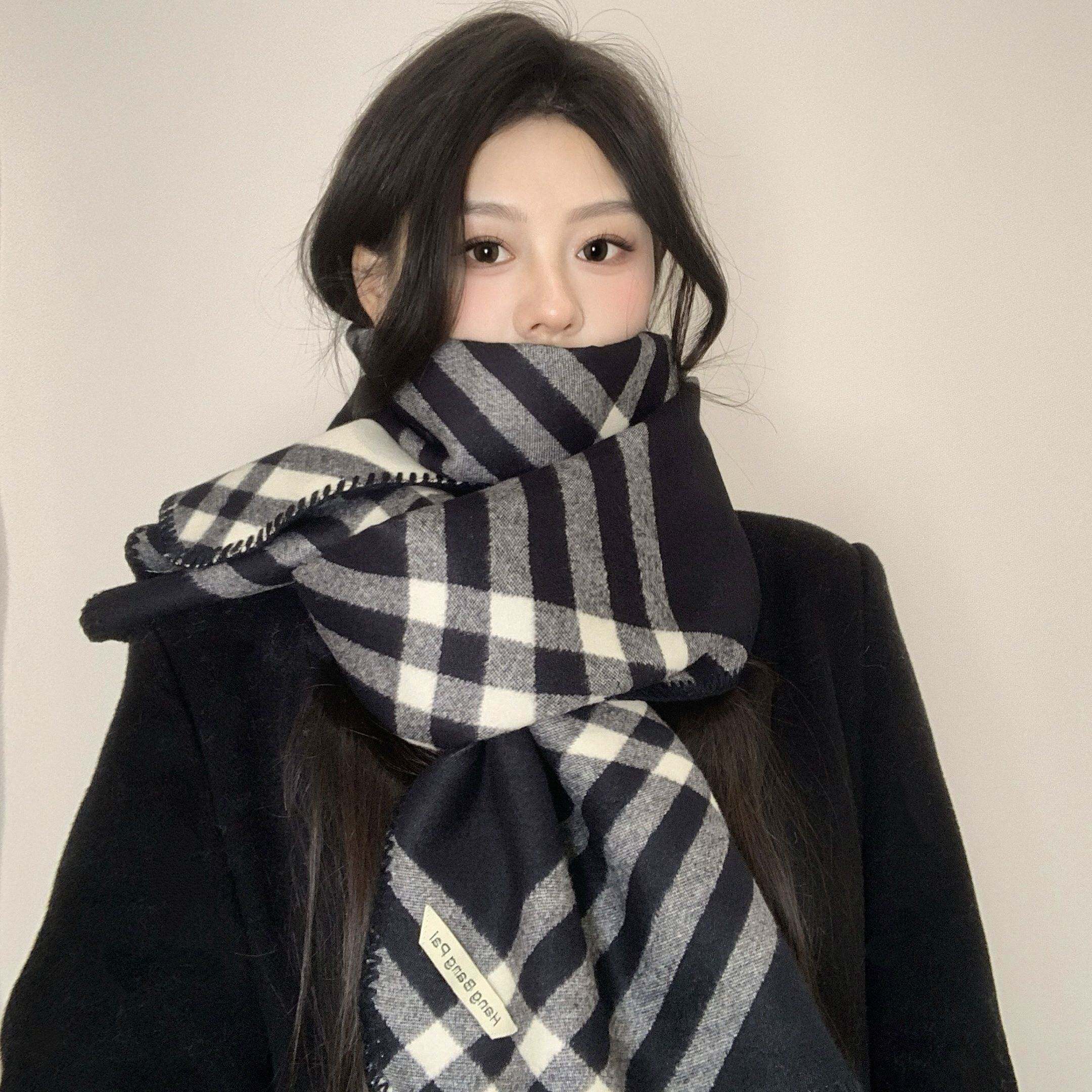 英伦复古双面黑白格子围巾女秋冬韩系仿羊绒格纹披肩两用保暖围脖