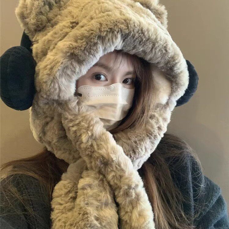 可爱耳机帽女秋冬季加厚防寒保暖