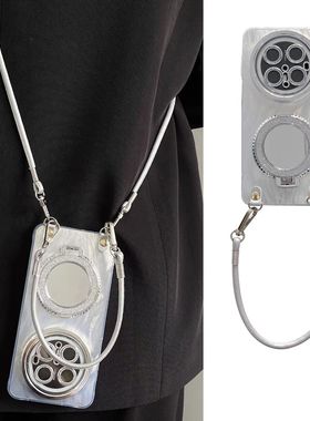 适用华为mate70pro+斜跨手机壳带镜子支架pura80自带镜头膜全包Mate60pro手绳50e防摔40ip17promax女款16外壳