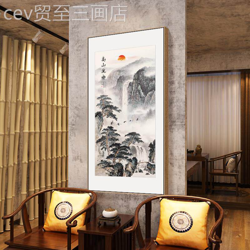 网红迎客松壁画新中画式入挂户玄关廊装饰画走过道画竖版山水风景