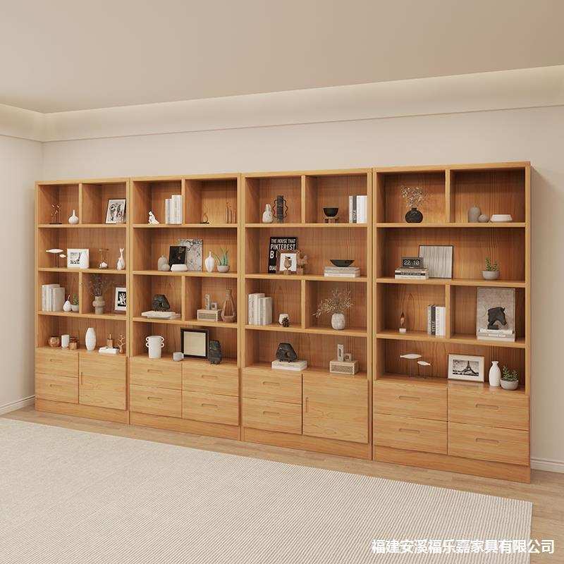 北欧实木书架带抽屉置物架落地家用客厅墙边展示架一体靠墙储物柜
