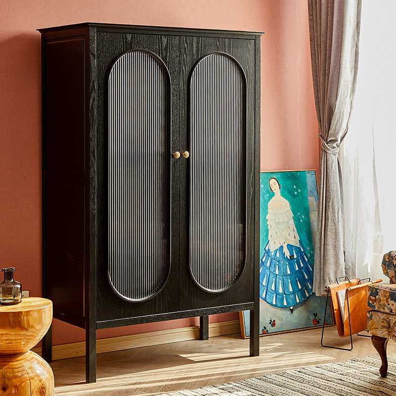 法式复古实木衣柜黑色简约卧室衣橱双门美式储物收纳柜置物柜定制