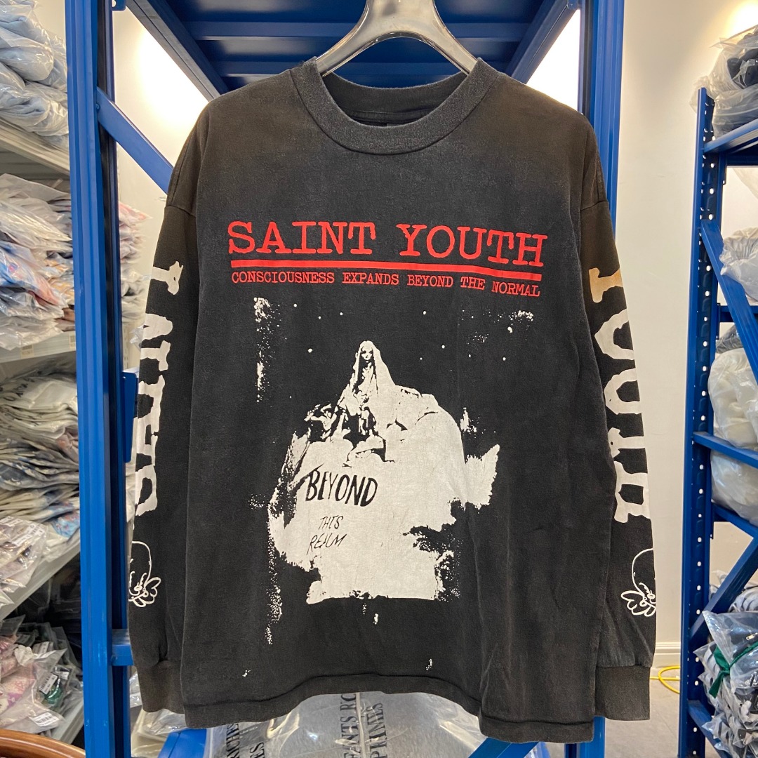 Saint Michael美式高街新款潮牌字母印花洗水做旧情侣长袖打底T恤