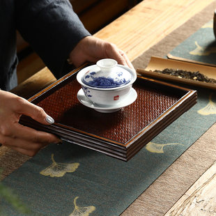 日式竹篾宋席茶盘竹制席面干泡壶承家用小型茶具茶托盘长方形收纳