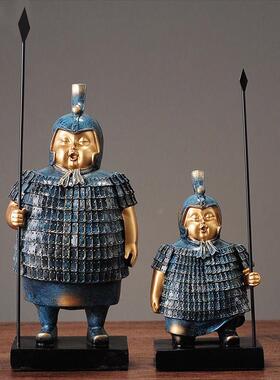 中式西安兵马俑q版胖将军摆件办公室桌面汽车摆件树脂铜泊工艺品