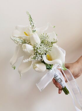 韩版仿真手捧花束白n色马蹄莲郁金香 新娘结婚领证婚纱照拍摄花束