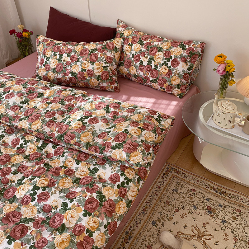 月亮睡了~ings全棉小玫瑰四件套纯棉美式轻奢床单被套宿舍公寓床