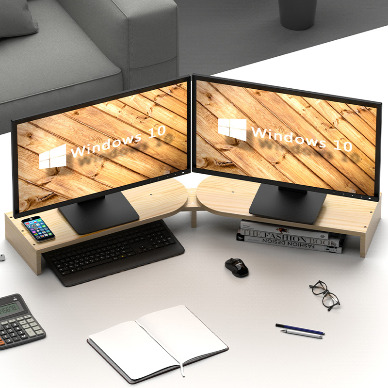 实木双显示器桌面增高架液晶电脑托F架支架键盘收纳置物整理架创