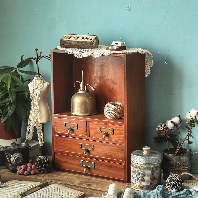 化妆品置物架多层木盒子长v方形实木复古分类收纳盒桌面抽屉式学