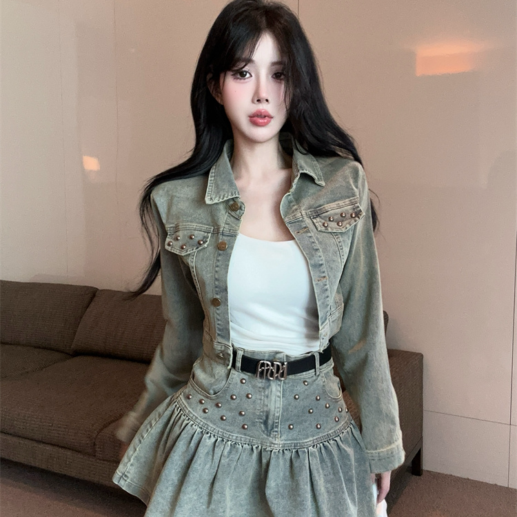 实拍 复古美式法式辣妹气质牛仔外套铆钉百褶裙荷叶边套装