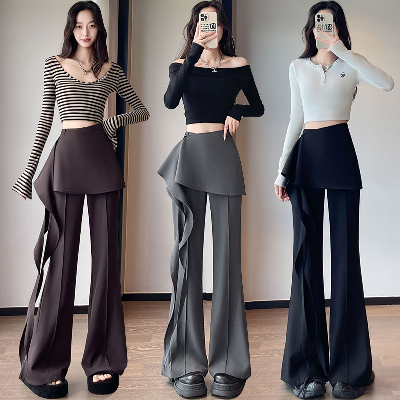 实拍荷叶边围裙式西装微喇裤女秋季高腰显瘦休闲喇叭裤裙裤海带裤