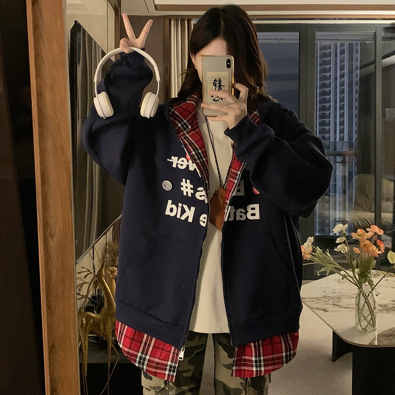 实拍实价 美式假两件拼接格子连帽卫衣女秋宽松休闲情侣开衫外套