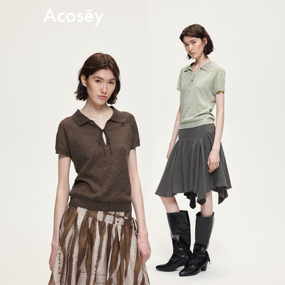 ACOSEY 原创设计感绑带Polo领棉麻混纺短款毛织上衣