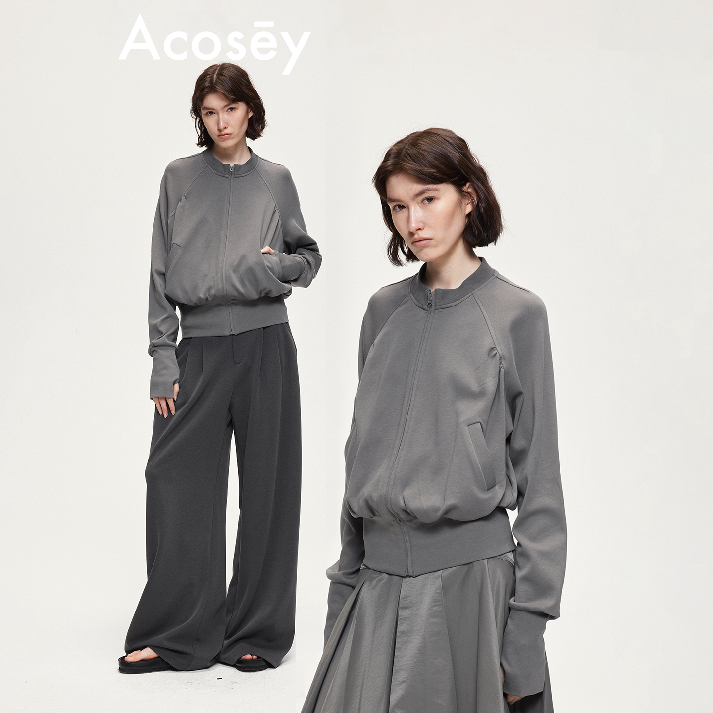 ACOSEY 原创设计低饱和雾灰小立领开衫卫衣外套图片