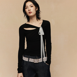 ACOSEY 显瘦性感百搭 24AW不规则设计挖洞上衣蝴蝶结蕾丝绑带修身