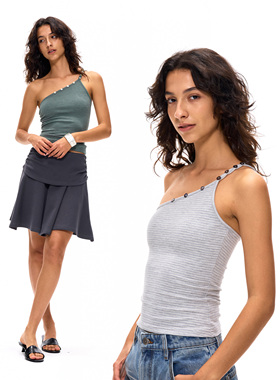 ACOSEY 25SS 条纹不规则挂脖贝壳扣吊带背心上衣