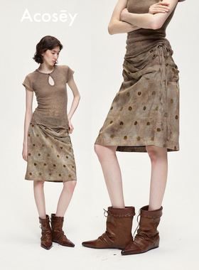 ACOSEY 原创设计亚麻桑蚕丝定染波点荡褶罗马褶直筒半裙短裙