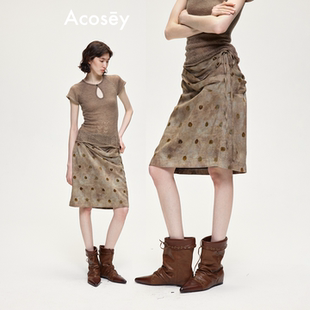 ACOSEY 原创设计亚麻桑蚕丝定染波点荡褶罗马褶直筒半裙短裙