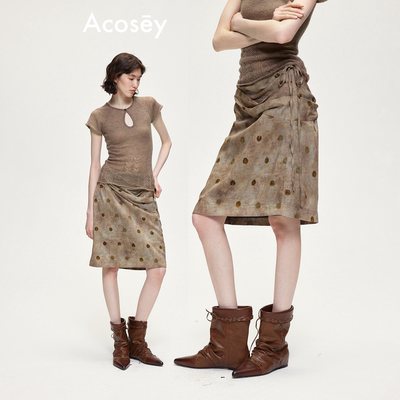 ACOSEY 原创设计莱赛尔亚麻桑蚕丝定染波点荡褶罗马褶直筒半裙